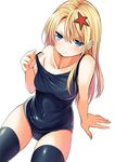  annoyed attsun_(atsushi_jb) bare_shoulders black_legwear blonde_hair blue_eyes blue_swimsuit character_request covered_navel earrings highres jewelry long_hair official_art one-piece_swimsuit school_swimsuit seifuku! solo swimsuit thighhighs 