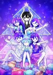  +_+ 2girls 4boys absurdres antenna_hair arms_up aubrey_(headspace)_(omori) aubrey_(omori) ball barefoot basil_(headspace)_(omori) basil_(omori) black_eyes black_hair black_tank_top blue_shirt blush bow box bright_pupils brother_and_sister brothers checkered_clothes christmas_lights christmas_tree closed_eyes closed_mouth collarbone collared_pajamas collared_shirt colored_skin commentary double-parted_bangs english_commentary flower flower_wreath gift gift_box green_hair grin hair_between_eyes hair_bow head_wreath hero_(headspace)_(omori) hero_(omori) highres holding holding_ball holding_stuffed_toy kel_(headspace)_(omori) kel_(omori) long_hair long_sleeves looking_at_viewer mari_(headspace)_(omori) mari_(omori) mr._plantegg_(omori) multiple_boys multiple_girls neckerchief omori omori_(omori) open_mouth pajamas pants pink_bow pleated_skirt purple_eyes purple_hair red_neckerchief red_skirt sakakien shirt short_hair short_sleeves siblings sidelocks sitting skirt smile striped_clothes striped_pajamas striped_pants stuffed_eggplant stuffed_toy t-shirt tank_top teeth vertical-striped_clothes vertical-striped_pajamas vertical-striped_pants white_pants white_pupils white_shirt white_skin 