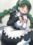  awa braid breasts green_hair ladies_versus_butlers! large_breasts long_hair maid maid_headdress necktie ribbon shikikagami_sanae yellow_eyes 