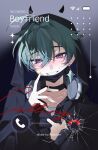  1boy alternate_costume black_choker black_hoodie black_mask blue_eyes blush broken_glass cable choker collarbone crossed_bangs earrings empty_eyes english_commentary english_text eyelashes four-pointed_star genshin_impact glass green_hair hair_between_eyes headphones headphones_around_neck highres hood hoodie jewelry lohen_(genshin_impact) long_sleeves looking_at_viewer male_focus male_yandere mask mole mole_under_eye mouth_mask pink_pupils puffy_long_sleeves puffy_sleeves short_hair single_earring smile solo sparkle star_(symbol) starten1000 sweat teeth upper_body wi-fi_symbol yandere 