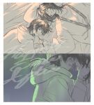  2girls absurdres black_eyes black_hair closed_eyes commentary_request fujino_(look_back) green_hoodie grin head_on_pillow highres holding hood hoodie korean_commentary kyomoto_(look_back) limited_palette long_hair look_back lying multiple_girls murrang_f pillow saliva smile split_mouth 