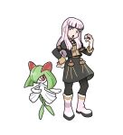  1girl :o black_pantyhose black_shirt black_skirt boots breasts colored_skin commentary crossover english_commentary fire_emblem fire_emblem:_three_houses full_body garreg_mach_monastery_uniform green_skin hand_on_own_hip holding holding_poke_ball kirlia long_hair long_sleeves looking_at_viewer lozyrosie lysithea_von_ordelia multicolored_skin open_mouth pantyhose pink_eyes poke_ball poke_ball_(basic) pokemon pokemon_(creature) shirt simple_background skirt small_breasts standing sugimori_ken_(style) white_background white_boots white_hair 