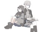  1boy 1girl absurdres ankle_boots asticassia_school_uniform bad_id bad_pixiv_id book boots center-flap_bangs closed_eyes commentary_request earrings elan_ceres gundam gundam_suisei_no_majo hair_between_eyes highres holding holding_book invisible_chair jacket jewelry kneehighs knees_up long_hair long_sleeves looking_at_another necktie open_mouth school_uniform short_hair shorts simple_background sitting sleeping socks suletta_mercury tassel tassel_earrings tsunako_(kk00nn36) u_u white_background wide_sleeves 