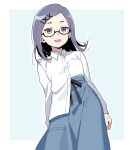  1girl absurdres black_hair blue_eyes breast_pocket breasts collared_shirt commentary cowboy_shot flipped_hair glasses hair_ornament hairclip hamukai_meniko highres long_skirt looking_at_viewer manimani_(mani_ma) medium_hair monogatari_(series) naoetsu_high_school_uniform open_mouth pocket ribbon school_uniform semi-rimless_eyewear shinobumonogatari shirt shirt_partially_tucked_in simple_background skirt small_breasts smile solo under-rim_eyewear white_background white_shirt x_hair_ornament 