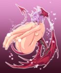  1girl barefoot breasts capcom demon_tail feet head_wings jeibii lilith_aensland nipples nude purple_hair red_eyes short_hair solo tail vampire_(game) wings 