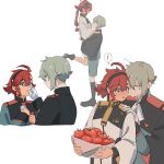  ! 1boy 1girl absurdres ahoge ankle_boots bad_id bad_pixiv_id black_boots black_hairband black_shoes black_socks blue_eyes boots center-flap_bangs closed_eyes commentary_request crying earrings elan_ceres green_eyes green_hair green_jacket green_shorts gundam gundam_suisei_no_majo hair_between_eyes hairband hetero highres jacket jewelry kiss kissing_cheek lifting_person long_hair long_sleeves looking_at_another multi-tied_hair multiple_views red_hair shoes short_hair shorts simple_background socks speech_bubble spoken_exclamation_mark suletta_mercury tassel tassel_earrings tears tomato tsunako_(kk00nn36) white_background white_jacket white_shorts wide-eyed wide_sleeves wiping_tears 