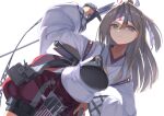  1girl absurdres apron arrow_(projectile) brown_eyes brown_gloves commentary_request fei_(feikotake) gloves grey_hair hakama hakama_shorts hand_on_own_hip headband high_ponytail highres japanese_clothes kantai_collection kimono long_hair muneate partially_fingerless_gloves ponytail red_shorts shorts simple_background single_glove solo striped_headband whistle whistle_around_neck white_kimono yugake zuihou_(kancolle) 