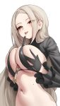  1girl astrae_oratio bikini black_bikini black_shrug blonde_hair breasts breasts_squeezed_together brown_eyes dot_nose earclip gloves hair_behind_ear half_gloves hanamori_moa highres long_hair looking_at_viewer mole mole_on_breast mole_on_ear mole_on_stomach mole_under_eye mung_(larnec) navel shrug_(clothing) sidelocks simple_background single_glove swimsuit tongue tongue_out upper_body very_long_hair wand white_background 