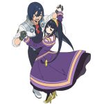  1boy 1girl a.c._eos_(mega_man) black_bodysuit black_gloves black_hair blue_hair bodysuit brown_eyes closed_eyes closed_mouth commentary_request cropped_jacket dancing dress full_body gloves gold_hairband hair_between_eyes hairband high_heels holding_hands interlocked_fingers jacket jewelry long_hair long_sleeves mega_man_(series) mega_man_star_force_(series) mega_man_star_force_3 miyata_(lhr) necklace open_clothes open_jacket open_mouth purple_dress queen_tia_(mega_man) shoes short_hair teeth twintails unworn_eyewear white_background white_shoes yellow_shoes 