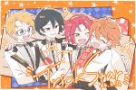  4boys akehoshi_subaru arm_around_another's_back bangs_pinned_back black_hair blonde_hair blue-framed_eyewear blue_eyes blush border bow bowtie closed_eyes commentary dated ensemble_stars! glasses green_eyes grey_bow grey_bowtie hand_on_another's_shoulder hidaka_hokuto highres holding holding_party_popper isara_mao kinokoc lapels long_sleeves looking_at_another male_focus matching_outfits multiple_boys notched_lapels one_eye_closed open_mouth orange_hair party_popper red_hair red_sash sash semi-rimless_eyewear smile star_(symbol) suit teeth trickstar_(ensemble_stars!) upper_body upper_teeth_only white_border white_suit yuuki_makoto_(ensemble_stars!) 
