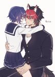  1boy 1girl absurdres animal_ears arms_around_neck belle_(zenless_zone_zero) black_hair blue_eyes blush ccxvi_201116 commentary_request cowboy_shot dog_boy dog_ears dog_tail eye_contact gakuran hetero highres komano_manato looking_at_another purple_hair red_eyes red_hair school_uniform serafuku short_hair simple_background sitting sitting_on_lap sitting_on_person skirt tail translation_request white_background zenless_zone_zero 