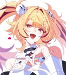  1girl bare_shoulders black_shirt blonde_hair blush claret_flint collarbone commentary_request detached_sleeves hair_intakes hair_ornament hair_ribbon hands_up heart hh123145 highres long_hair looking_at_viewer open_mouth portrait red_eyes red_nails red_ribbon ribbon shirt simple_background solo sphere_hair_ornament twintails white_background zenless_zone_zero 