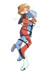  2boys blush bodysuit bound_together brown_hair commentary_request full_body grey_hair hanamura_yousuke highres interface_headset_(evangelion) makakakakaka5 male_focus mecha_pilot_suit multiple_boys narukami_yu neon_genesis_evangelion one_eye_closed persona persona_4 plugsuit_(evangelion) red_bodysuit rope short_hair white_background white_bodysuit yaoi 