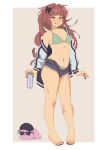  1girl 1other absurdres ahoge animalization ass bare_shoulders barefoot beer_can big_hair bikini black_bow black_hat black_jacket black_nails blunt_bangs bocchi_the_rock! bow breasts can collarbone commentary cube_hair_ornament denim denim_shorts drink_can english_commentary feet fingernails full_body gotoh_hitori gotoh_hitori_(tsuchinoko) green_bikini grin hair_bow hair_ornament hat highres hiroi_kikuri holding holding_can jacket looking_at_viewer medium_breasts multicolored_jacket nail_polish navel off_shoulder open_clothes open_jacket purple_eyes purple_hair ribs shaded_face sharp_teeth short_shorts shorts sidelocks simple_background smile solo_focus sunglasses swimsuit teeth thighs toenail_polish toenails toes treepxiv tsuchinoko 