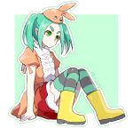  1girl aqua_eyes aqua_hair aqua_thighhighs boots closed_mouth commentary dated dot_mouth dress full_body googly_eyes hat highres hikimayu long_hair looking_afar manimani_(mani_ma) monogatari_(series) ononoki_yotsugi orange_dress orange_hat pantyhose rubber_boots short_eyebrows short_sleeves simple_background solo striped_clothes striped_pantyhose striped_thighhighs thick_eyebrows thighhighs tsukimonogatari twintails yellow_boots zettai_ryouiki 