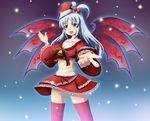  :d bell blush breasts christmas cleavage crop_top grey_eyes hair_bobbles hair_ornament hat holly inoshira long_hair medium_breasts midriff multiple_wings navel open_mouth purple_wings santa_hat shinki side_ponytail silver_hair skirt smile solo thighhighs touhou touhou_(pc-98) wings zettai_ryouiki 