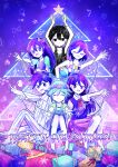  +_+ 2girls 4boys absurdres antenna_hair arms_up aubrey_(headspace)_(omori) aubrey_(omori) ball barefoot basil_(headspace)_(omori) basil_(omori) black_eyes black_hair black_tank_top blue_shirt blush bow box bright_pupils brother_and_sister brothers checkered_clothes christmas_lights christmas_tree closed_eyes closed_mouth collarbone collared_pajamas collared_shirt colored_skin commentary double-parted_bangs english_commentary flower flower_wreath gift gift_box green_hair grin hair_between_eyes hair_bow head_wreath hero_(headspace)_(omori) hero_(omori) highres holding holding_ball holding_stuffed_toy kel_(headspace)_(omori) kel_(omori) long_hair long_sleeves looking_at_viewer mari_(headspace)_(omori) mari_(omori) merry_christmas mr._plantegg_(omori) multiple_boys multiple_girls neckerchief omori omori_(omori) open_mouth pajamas pants pink_bow pleated_skirt purple_eyes purple_hair red_neckerchief red_skirt sakakien shirt short_hair short_sleeves siblings sidelocks sitting skirt smile striped_clothes striped_pajamas striped_pants stuffed_eggplant stuffed_toy t-shirt tank_top teeth vertical-striped_clothes vertical-striped_pajamas vertical-striped_pants white_pants white_pupils white_shirt white_skin 