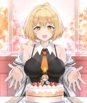  1girl ahoge armcho bare_shoulders birthday_cake black_shirt blonde_hair breasts cake commentary_request food hair_between_eyes haru_estia looking_at_viewer medium_hair necktie open_mouth orange_necktie shirt sleeveless sleeveless_shirt smile solo soulworker yellow_eyes 