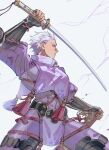  1boy absurdres archer_(fate) arm_guards armor bodysuit code3755 cosplay cowboy_shot dark-skinned_male dark_skin fate/grand_order fate_(series) highres holding holding_sheath holding_sword holding_weapon japanese_armor katana lightning loincloth male_focus manboobs minamoto_no_raikou_(fate) minamoto_no_raikou_(fate)_(cosplay) purple_bodysuit ribbed_sleeves sheath short_hair simple_background solo sword toned toned_male weapon white_background white_hair 