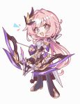  1girl black_boots blue_eyes boots bow_(weapon) chibi chibi_only commentary corset elf elysia_(honkai_impact) elysia_(miss_pink_elf)_(honkai_impact) highres holding holding_bow_(weapon) holding_weapon honkai_(series) honkai_impact_3rd long_hair looking_at_viewer mi_(27782900) pink_hair pointy_ears simple_background smile solo untranslatable_commentary very_long_hair weapon white_background white_corset 