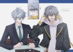  2boys alternate_costume alternate_universe antenna_hair badge black_jacket blue_border blue_eyes border breast_pocket buttons caelus_(honkai:_star_rail) caelus_(world_tour_2023)_(honkai:_star_rail) chair checkered_background collared_shirt crossed_bangs english_commentary english_text eye_focus formal_clothes glasses green_necktie grey-framed_eyewear grey_hair hair_between_eyes half-closed_eyes hand_up highres honkai:_star_rail honkai_(series) hood hoodie jacket lapels long_sleeves looking_at_viewer looking_down male_focus mays20621 multiple_boys necktie notice_lines official_alternate_costume on_chair open_clothes open_jacket open_mouth outside_border phainon_(honkai:_star_rail) pocket puffy_long_sleeves puffy_sleeves reflection shirt short_hair sitting smile speech_bubble suit suit_jacket table teeth tongue trailblazer_(honkai:_star_rail) upper_body white_background white_hoodie white_shirt wristband yellow_eyes yellow_pupils 