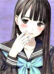  1girl aqua_neckerchief black_hair black_serafuku brown_eyes commentary_request light_blush long_hair long_sleeves marker_(medium) neckerchief original portrait purple_background school_uniform serafuku smile solo suggestive_fluid traditional_media yug_(ekaki) 
