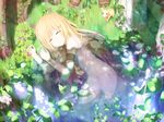  :o armlet babydoll bad_id bad_pixiv_id blonde_hair closed_eyes cross cross_necklace dappled_sunlight flower frills grass hair_ornament hairclip highres jewelry leaf lying necklace on_ground on_side original pillar plant shade sleeping solo squirrel sunlight wataru_(zazazazazazawa) 