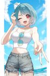  1girl beach blue_hair breasts camisole cloud commentary cowboy_shot creature_on_head denim denim_shorts diamond-shaped_earrings earrings fangs finger_heart fingernails fmg gradient_hair gyaru_v highres jewelry large_breasts looking_at_viewer midriff_peek mismatched_earrings multicolored_hair multiple_necklaces nail_polish necklace ocean one_eye_closed open_mouth orange_nails outdoors pillarboxed red_eyes ring shiranami_ramune shiranami_ramune_(4th_costume) shiratama_(shiranami_ramune) short_hair shorts single_earring sky smile solo spaghetti_strap torn_clothes torn_shorts v virtual_youtuber vspo! white_camisole white_hair 