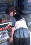  1girl arm_support bag bent_over black_hair blue_eyes blue_sailor_collar blue_skirt blunt_bangs blush candy candy_store closed_mouth commentary food from_behind hair_tie handheld_electric_fan highres hirotsuki licking_lips lollipop long_hair looking_at_viewer looking_back miniskirt original outdoors pleated_skirt ponytail sailor_collar school_bag school_uniform serafuku shirt shop short_sleeves sidelocks skirt smile solo standing summer summer_uniform sweat swirl_lollipop tongue tongue_out white_shirt zipper_pull_tab 