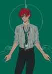  1boy a-pose ahoge aqua_background aqua_streaks bags_under_eyes belt belt_buckle black_pants bleeding blood border brown_belt buckle choppy_bangs collarbone collared_shirt cowboy_shot cuts cutting disembodied_hand fingernails green_eyes green_necktie grid_print hair_between_eyes hanged highres holding holding_razor_blade hypnosis_mic injury inset_border kannonzaka_doppo lanyard legs_apart looking_to_the_side loose_necktie male_focus multicolored_hair natalia_baldina necktie noose pants parted_lips partially_unbuttoned pinstripe_pattern pinstripe_shirt print_necktie raised_inner_eyebrows razor_blade red_hair round_border salaryman self-harm shirt shirt_tucked_in short_hair sideways_glance simple_background sleeves_rolled_up solo_focus standing streaked_hair suicide wavy_hair white_border white_shirt 