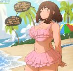 1girl absurdres arms_behind_back beach beach_towel beach_umbrella bikini bikini_skirt blush_stickers boku_no_hero_academia breasts bright_pupils brown_eyes brown_hair cloud daimus_raw day english_text frilled_bikini frilled_skirt frills highres large_breasts looking_at_viewer naughty_face navel outdoors palm_tree pink_bikini pink_nails pink_skirt shore short_hair skirt sky solo speech_bubble swimsuit towel tree umbrella uraraka_ochaco water white_pupils 