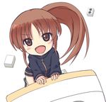  bare_legs blush blush_stickers bottomless brown_eyes brown_hair chibi jacket kz_(kazu-12118) long_sleeves mahjong mahjong_tile naked_track_jacket no_panties no_pants ponytail saki saki_achiga-hen solo takakamo_shizuno track_jacket 