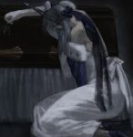  absurdres anastasya_feodorovna_snezhnaya bare_back bare_shoulders coffin dress fur_trim genshin_impact hand_on_own_face high_heels highres kneeling linessence34615 mourning sad strapless strapless_dress 