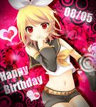  bad_id bad_pixiv_id blonde_hair bow covering_mouth crop_top dated detached_sleeves hair_bow hair_ornament hairclip happy_birthday heart kagamine_rin midriff navel red_eyes sailor_collar sakura_yuki_(clochette) solo vocaloid 