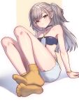  1girl absurdres bare_shoulders belt bikini blue_bikini blue_choker choker closed_mouth collarbone cutoffs expressionless feet girls'_frontline grey_hair highres id_card knees_up leva_(girls'_frontline_2) leva_(sultry_tempo)_(girls'_frontline_2) long_hair looking_at_viewer no_shoes official_alternate_costume one_side_up phi_str scar scar_across_eye scar_on_face short_shorts shorts simple_background sitting socks soles solo strapless strapless_bikini swimsuit thighs ump45_(girls'_frontline) white_shorts wristband yellow_eyes yellow_socks 