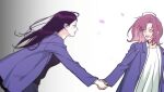  2girls :d ahoge black_hair blood_time blue_jacket commentary_request gradient_background grey_eyes ha-yang_baek holding_hands jacket korean_commentary long_hair mole mole_under_eye multiple_girls murrang_f official_art open_mouth pale_skin pink_hair smile yeonu_ha 