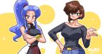  2girls aged_up alternate_hairstyle aqua_eyes artist_name asymmetrical_hair bare_shoulders belt belt_buckle black_dress black_shirt blue_pants blunt_ends bob_cut bracelet breasts brown_belt brown_hair buckle chinese_clothes closed_mouth colalrbone commentary crossed_arms denim dot_mouth dragon_print dress eyelashes eyeshadow gold_bracelet hand_on_own_hip hand_up high_collar high_ponytail highres jeans jewelry kuonji_ukyou large_breasts light_particles light_smile long_hair makeup multiple_girls off-shoulder_shirt off_shoulder outline pants parted_bangs pendant_earrings ponytail print_dress purple_eyes purple_hair qipao ranma_1/2 red_eyeshadow red_scrunchie red_trim scrunchie shampoo_(ranma_1/2) shirt short_hair side-by-side sidelocks signature sleeveless sleeveless_dress swept_bangs three-quarter_sleeves twitter_username two-tone_background two-tone_dress upper_body wanta_(futoshi) wavy_hair white_background white_dress white_outline yellow_background 