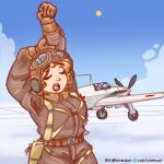  1girl aircraft airplane bad_source blue_sky bomber_jacket brown_gloves brown_hair character_request closed_eyes clothing_request cloud day fur-trimmed_jacket fur_trim gloves goggles goggles_on_headwear jacket open_mouth original pilot red_star sky solo soviet_air_force star_(symbol) stretching sun voven 