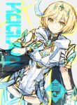  1girl abfbfygo blonde_hair breasts cleavage commentary_request core_crystal_(xenoblade) large_breasts looking_at_viewer puffy_short_sleeves puffy_sleeves shimmer_(xenoblade) short_hair short_shorts short_sleeves shorts smile swept_bangs thighhighs tiara white_thighhighs xenoblade_chronicles_(series) xenoblade_chronicles_3 yellow_eyes 