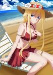  absurdres alice_zuberg amandapeach beach bikini blonde_hair blue_eyes breasts clip_studio_paint_(medium) commentary english_commentary flower hair_ribbon hat highres large_breasts long_hair looking_at_viewer navel ocean open_mouth ponytail red_bikini ribbon swimsuit sword_art_online sword_art_online:_alicization white_ribbon 
