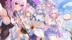  6+girls absurdres aqua_eyes aqua_hair bikini black_one-piece_swimsuit blue_hair blue_sky breasts castorice_(honkai:_star_rail) chinese_commentary cleavage commentary_request cyrene_(demiurge)_(honkai:_star_rail) cyrene_(honkai:_star_rail) diamond-shaped_pupils diamond_(shape) drum evernight_(honkai:_star_rail) evey_(honkai:_star_rail) green_eyes hair_intakes halo hat highres holding holding_instrument holding_maracas holding_microphone holding_tambourine honkai:_star_rail honkai_(series) hyacine_(honkai:_star_rail) instrument jellyfish large_breasts little_ica_(honkai:_star_rail) long_hair maracas march_7th_(honkai:_star_rail) medium_breasts memosprite microphone multiple_girls navel one-piece_swimsuit pink_hair pink_one-piece_swimsuit pom-pom_(honkai:_star_rail) purple_eyes purple_hair purple_sarong red_eyes red_hat robin_(honkai:_star_rail) robin_(summeretto)_(honkai:_star_rail) rx-c sarong sky small_breasts smile stelle_(honkai:_star_rail) stomach swimsuit symbol-shaped_pupils tambourine trailblazer_(honkai:_star_rail) twintails very_long_hair white_bikini white_sarong 