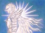  1boy androgynous ayako2333 berserk blue_background commentary griffith_(berserk) helmet highres knight long_hair male_focus solo very_long_hair white_hair 