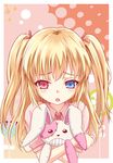  :o blonde_hair blush boku_wa_tomodachi_ga_sukunai hasegawa_kobato heterochromia hug long_hair necktie shirt solo stuffed_animal stuffed_bunny stuffed_toy tristana-shen two_side_up 