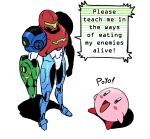  1girl 1other arm_cannon armor blue_eyes blush_stickers commentary company_connection crossover english_commentary english_text green_assault_visor kirby kirby_(series) kirby_and_the_world_beyond metroid metroid_ravenous normal_suit_(metroid) open_mouth power_armor power_suit_(metroid) samus_aran simple_background wanderjegson weapon white_background 