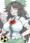  1girl absurdres black_hair black_wings bow breasts cape collared_shirt feathered_wings frilled_shirt frilled_shirt_collar frills green_bow green_skirt grin hair_bow half-closed_eyes hand_on_own_hip hand_up highres kyyubea large_breasts long_hair messy_hair puffy_short_sleeves puffy_sleeves radiation_symbol red_eyes reiuji_utsuho shirt short_sleeves simple_background skirt smile solo squinting sweat teeth third_eye touhou v white_background white_cape wings 