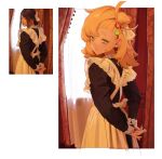  1girl absurdres alternate_costume apron arms_behind_back black_dress blonde_hair closed_mouth commentary dress frilled_apron frills from_behind green_eyes hair_bun highres long_hair long_sleeves looking_at_viewer looking_back maid maid_apron ohoo_7am piper_wheel reference_inset solo upper_body white_apron zenless_zone_zero 