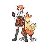  1girl beak bird black_boots black_gloves black_skirt black_socks boots breasts claws clothes_around_waist combusken commentary crossover english_commentary fire_emblem fire_emblem:_three_houses full_body garreg_mach_monastery_uniform gloves holding holding_poke_ball jacket jacket_around_waist kneehighs leonie_pinelli lozyrosie medium_breasts open_mouth orange_eyes orange_hair partially_fingerless_gloves poke_ball poke_ball_(basic) pokemon pokemon_(creature) shirt short_hair simple_background skirt sleeves_rolled_up socks standing sugimori_ken_(style) talons white_background white_shirt 