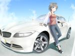  arm_support bad_id bad_pixiv_id blue_eyes bmw bmw_z4 car cloud collarbone day denim foreshortening grey_hair ground_vehicle jacket_on_shoulders lace light_smile looking_at_viewer mole mole_under_eye motor_vehicle no_socks original shintani_kyou shoes short_hair sky solo sunglasses tank_top 