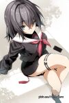  1girl absurdres black_eyes black_hair black_shirt black_shoes black_skirt cellphone closed_mouth commentary_request crossed_legs from_above hair_between_eyes highres kayoupii liu_cuilan medium_hair muv-luv muv-luv_girls_garden neckerchief phone pixiv_username red_neckerchief sailor_collar school_uniform shirt shoes sitting skirt smartphone solo thigh_strap white_sailor_collar 