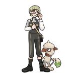 1boy adjusting_eyewear animal_ears ascot bag belt black_pants black_pantyhose black_shoes black_socks black_vest brown_eyes closed_mouth commentary crossover dog dog_ears dog_tail english_commentary fire_emblem fire_emblem:_three_houses full_body furrowed_brow garreg_mach_monastery_uniform glasses green_hair holding_own_tail ignatz_victor long_sleeves lozyrosie male_focus pants pantyhose pokemon pokemon_(creature) round_eyewear shirt shoes short_hair shoulder_bag simple_background smeargle socks split_mouth standing sugimori_ken_(style) tail tongue tongue_out vest white_ascot white_background white_shirt 